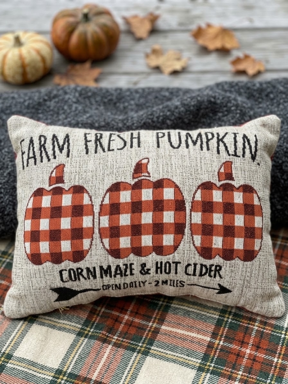 Plaid Pumpkin Accent Pillow - Rustic Orange Seasonal Decor